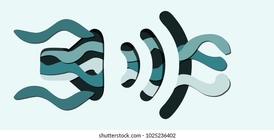 Conceptual representation of sound waves emerging from abstract load speaker. Vector illustration in paper cut style. Creative poster