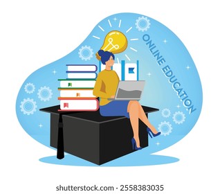 A conceptual representing online education, featuring a student, books, and laptop. The artwork emphasizes modern e-learning technology and the pursuit of academic excellence. 