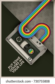 Conceptual retro poster design with audio cassette, rainbow and slogan. Vector illustration.
