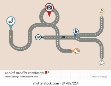 Conceptual Road Map Design, Social Media,  with Icons and Markers.