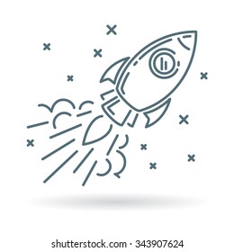 Conceptual rocket flying icon. Shooting spaceship symbol in space with stars sign. Thin line icon on white background. Vector illustration.