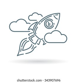 Conceptual rocket flying icon. Spaceship fly with clouds in sky sign. Thin line icon on white background. Vector illustration.