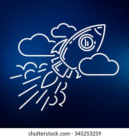 Conceptual rocket flying icon. Rocket flying through sky with clouds sign. Spaceship fly symbol. Thin line icon on blue background. Vector illustration.