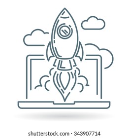 Conceptual rocket launch icon. Space rocket launching up through clouds from laptop sign. Spaceship startup symbol. Thin line icon on white background. Vector illustration.