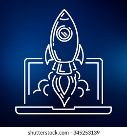 Conceptual rocket launch icon. Space rocket fly from notebook sign. Startup business concept symbol. Thin line icon on blue background. Vector illustration.