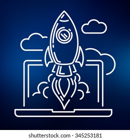 Conceptual rocket launch icon. Space rocket fly from notebook through clouds sign. Startup business concept symbol. Thin line icon on blue background. Vector illustration.