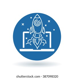 Conceptual rocket launch icon. Spaceship with laptop and stars sign. Rocket takeoff from notebook symbol. White icon on blue circle background. Vector illustration.