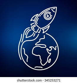 Conceptual rocket orbit earth icon. Spaceship flying around the world symbol. Thin line icon on blue background. Vector illustration.