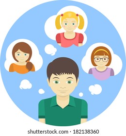 Conceptual round illustration of a boy thinking about several girls