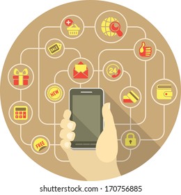 Conceptual round illustration of shopping in Internet using smart phone