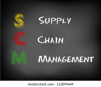 Conceptual SCM acronym written on black chalkboard blackboard. Supply Chain Management. Slide template. Vector Illustration.