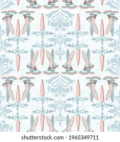 Conceptual seamless vector pattern with unusual rabbits in clothes and carrots. Vintage background in gentle, calm colors