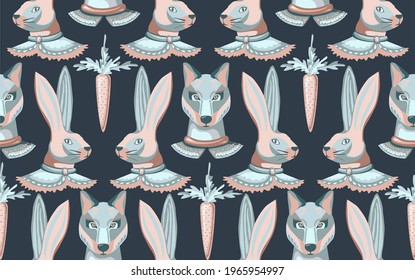 Conceptual seamless vector pattern with unusual rabbits in clothes and wolves. Vintage background in gentle, calm colors