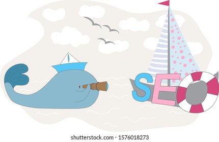 Conceptual SEO background. Vector cartoon whale with a spyglass that looks at the SEO inscription. Search Engine Optimization background