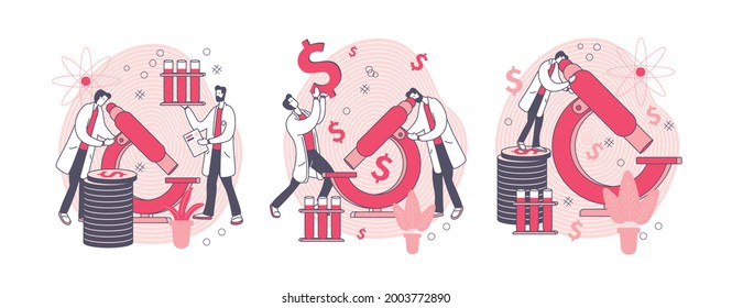 Conceptual set about investment in research. In pink and bluish gray. Very easy to edit and change colors.