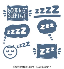 Conceptual set about sleeping. Vector hand drawn lettering doodles, icons illustrations on white background.