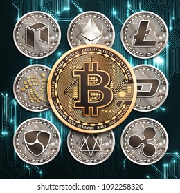 Conceptual set of cryptocurrencies. Bitcoin, Litecoin, Ethereum, Ripple, Dash, EOS, IOTA, NEM, NEO. Vector isolated illustrations.