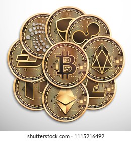 Conceptual set of cryptocurrencies. Bitcoin, Litecoin, Ethereum, Ripple, Dash, EOS, IOTA, NEM, NEO. Vector isolated illustrations.