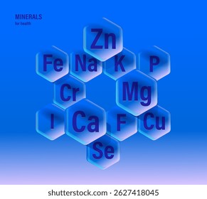 Conceptual set of minerals and microelements for human health. Healthy eating and self-care. Hexagonal modern shapes on blue background. Abstract composition