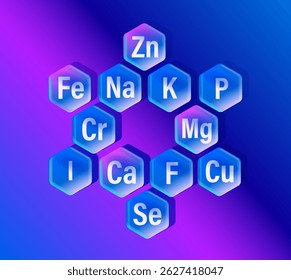 Conceptual set of minerals and microelements for human health. Healthy eating and self-care. Hexagonal modern shapes on blue background. Abstract composition