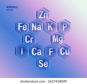 Conceptual set of minerals and microelements for human health. Healthy eating and self-care. Hexagonal modern shapes on blue background. Abstract composition