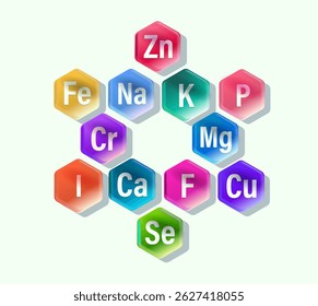 Conceptual set of minerals and microelements for human health. Healthy eating and self-care. Hexagonal modern shapes. Abstract color composition