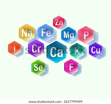 Conceptual set of minerals and microelements for human health. Healthy eating and self-care. Abstract color composition on a white background