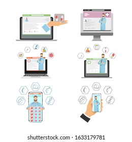 Conceptual set online doctor, medical service, medical assistance.