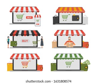 Conceptual set of purchase in the online store via laptop.