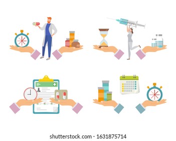 Conceptual set of time and health, time to take medicine.