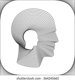 Conceptual side portrait of a happy man. Head of man made from concentric thin line shapes. Vector illustration.