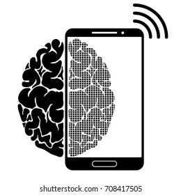 A conceptual sign or logo showing a person s dependence on a smartphone, gadget or the Internet. Strong communication of the brain and new technologies. Black and white.