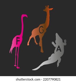 Conceptual silhouette of an animal with text inside. Animal with text of a large set of animals with text as a blank for designers, logo, icon. Kids wild animal alphabet collection.