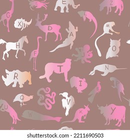 Conceptual silhouette of an animal with text inside. Animal with text of a large set of animals with text as a blank for designers, logo, icon. Kids wild animal alphabet collection.