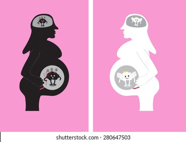 conceptual silhouette brain vector cartoon character illustration image showing how pregnant woman being effect on how her baby being