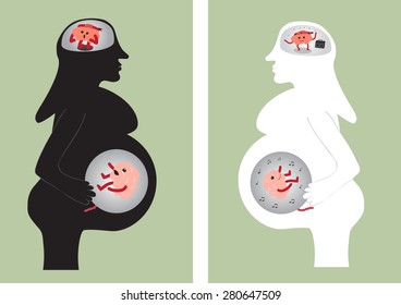 conceptual silhouette brain vector cartoon character illustration showing pregnant women emotion effect on her baby