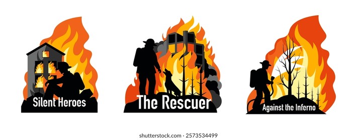 Conceptual Silhouette Illustrations of Firefighters in Action with fires, house, forest and tex