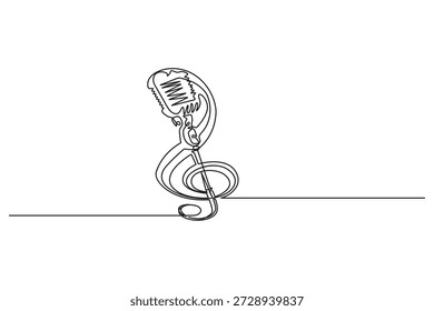 Dibujo conceptual de una sola línea que fusiona una clave de agudos con un micrófono vintage, perfecto para vocalistas.