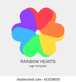 Conceptual single logo in a circle form. Six hearts in rainbow colors form the flower. Red, orange, yellow, green, blue and violet shapes in one icon symbol. Easy do use and edit