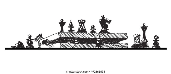 Conceptual sketch illustration with chess pieces and box on white background
