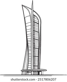 A conceptual sketch of a modern skyscraper featuring a sleek, curved design, outline design, line art