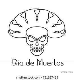 Conceptual skull in a sombrero. Knot work of a Calavera formed by single endless line. Hispanic logo Dia de Muertos means a 'Day of the Dead', the Mexican holiday. Black line art on a white background