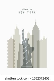 Conceptual skyline of New York City. Vector poster or postcard of America. Usa vector illustration. Creative american travel postcard with Statue of Liberty (Lady Liberty) and skyscrapers.