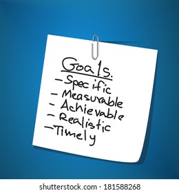 Conceptual SMART Goals acronym on blue clip note (Specific, Measurable, Achievable, Realistic, Timely) - vector illustration 