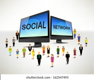 Conceptual social networking people with computer vector design