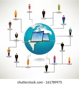 Conceptual social networking people with globe and computer vector design