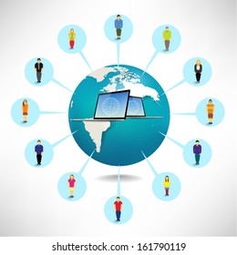 Conceptual social networking people with globe and computer vector design