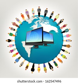 Conceptual social networking people with globe and computer vector design