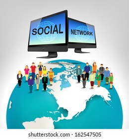 Conceptual social networking people with globe and computer vector design