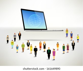 Conceptual social networking people with laptop vector design